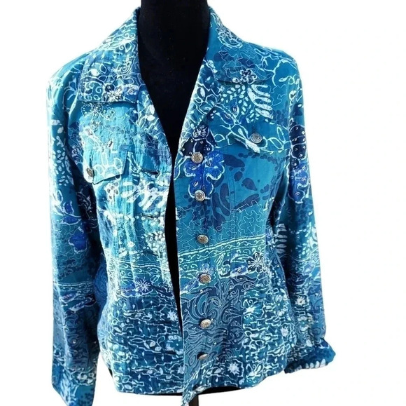 Chicos Womens Button Up Blue/ Aqua/ White Jacket in Size 0 - Picture 2 of 14